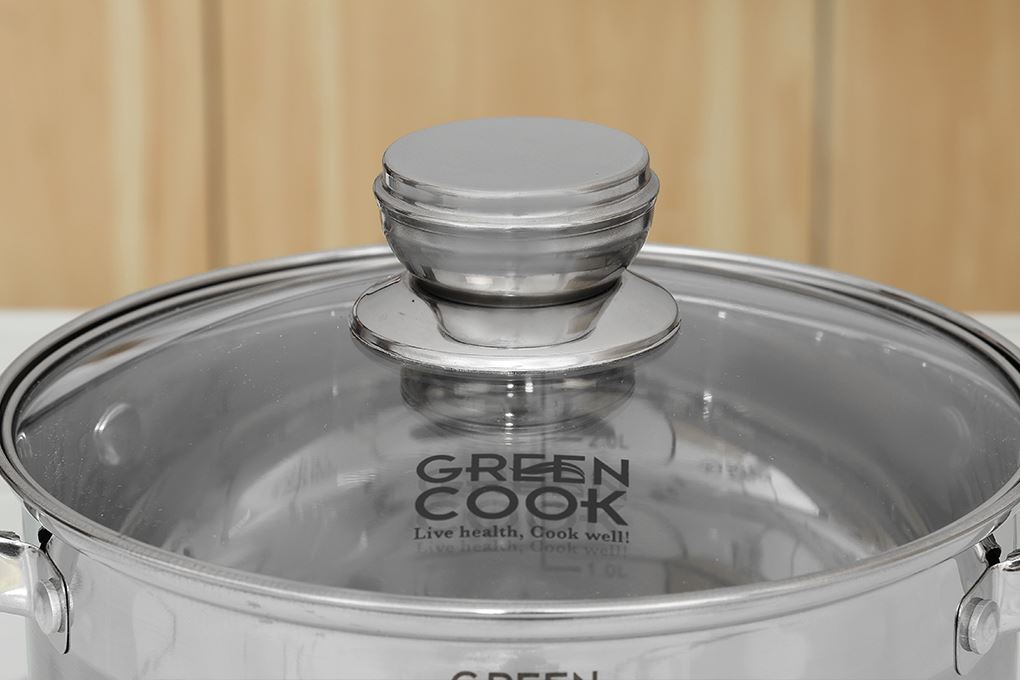 Nồi inox 3 đáy nắp kính 20 cm Green Cook GCS2515-20IH Màu Inox