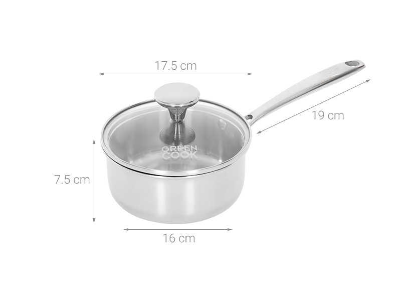 Quánh inox 3 lớp nguyên khối nắp kính 16 cm Green Cook GCS235-16IH