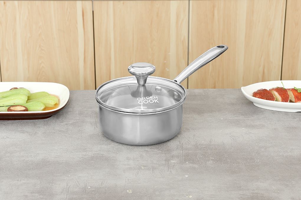 Quánh inox 3 lớp nguyên khối nắp kính 16 cm Green Cook GCS235-16IH Màu Inox
