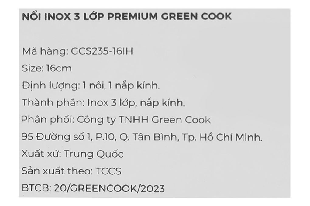 Quánh inox 3 lớp nguyên khối nắp kính 16 cm Green Cook GCS235-16IH Màu Inox
