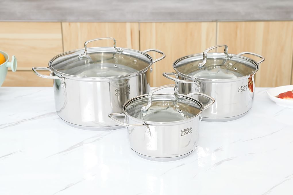 Bộ 3 nồi inox 3 đáy nắp kính Green Cook GCS2519-T1 Màu Inox