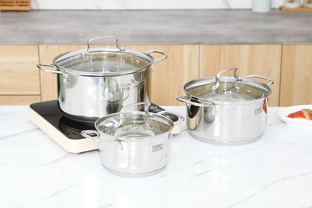 Bộ 3 nồi inox 3 đáy nắp kính Green Cook GCS2519-T1 Màu Inox