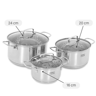 Bộ 3 nồi inox 3 đáy nắp kính Green Cook GCS2519-T1