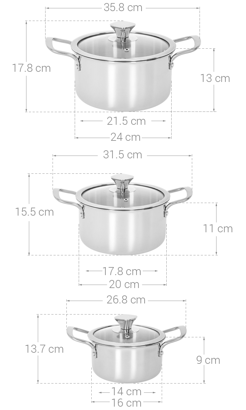 Bộ 3 nồi inox 3 lớp nắp kính AVA HH-001S