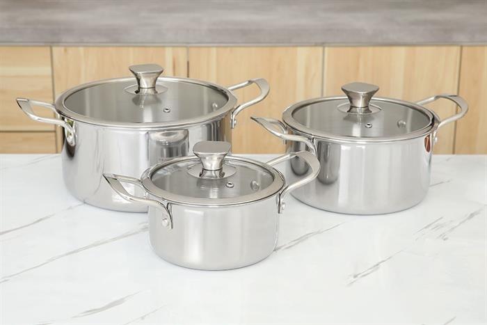 Bộ 3 nồi inox 3 lớp nắp kính AVA HH-001S Màu Inox