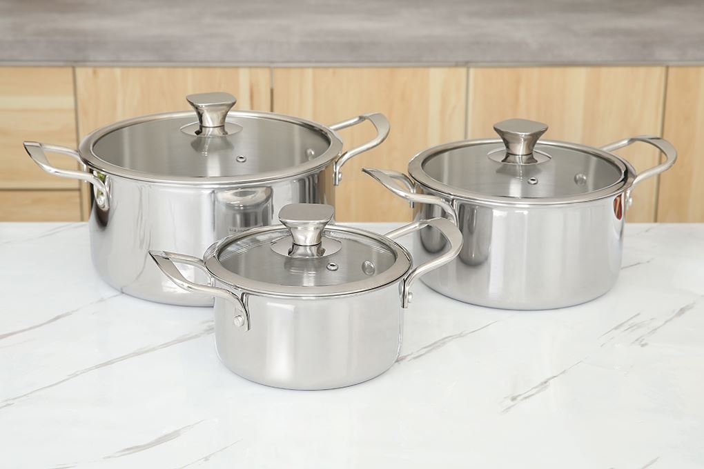 Bộ 3 nồi inox 3 lớp nguyên khối nắp kính AVA HH-001S Màu Inox