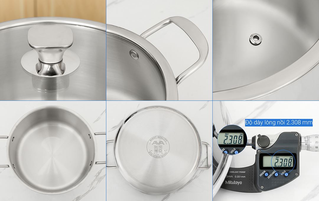 Bộ 3 nồi inox 3 lớp nguyên khối nắp kính AVA HH-001S Màu Inox