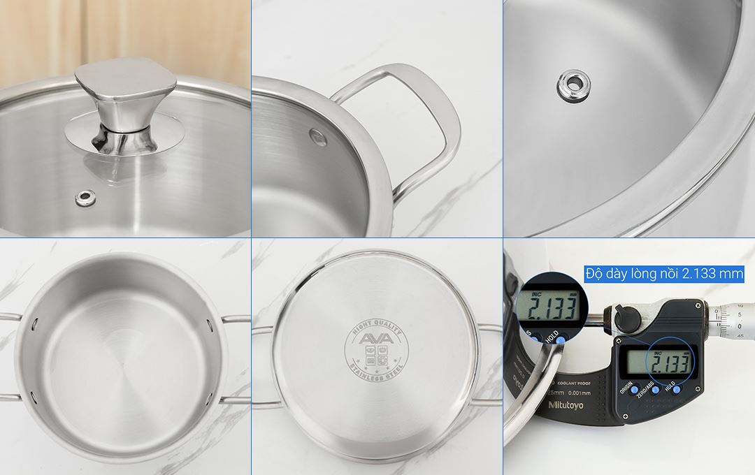 Bộ 3 nồi inox 3 lớp nguyên khối nắp kính AVA HH-001S Màu Inox