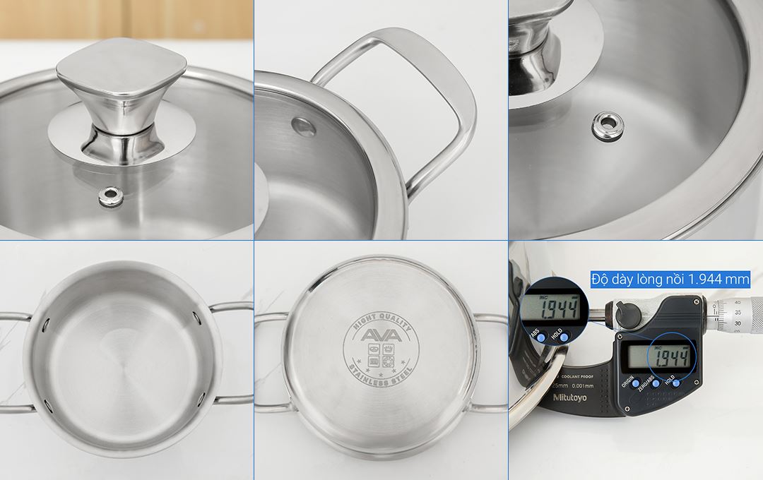 Bộ 3 nồi inox 3 lớp nguyên khối nắp kính AVA HH-001S Màu Inox