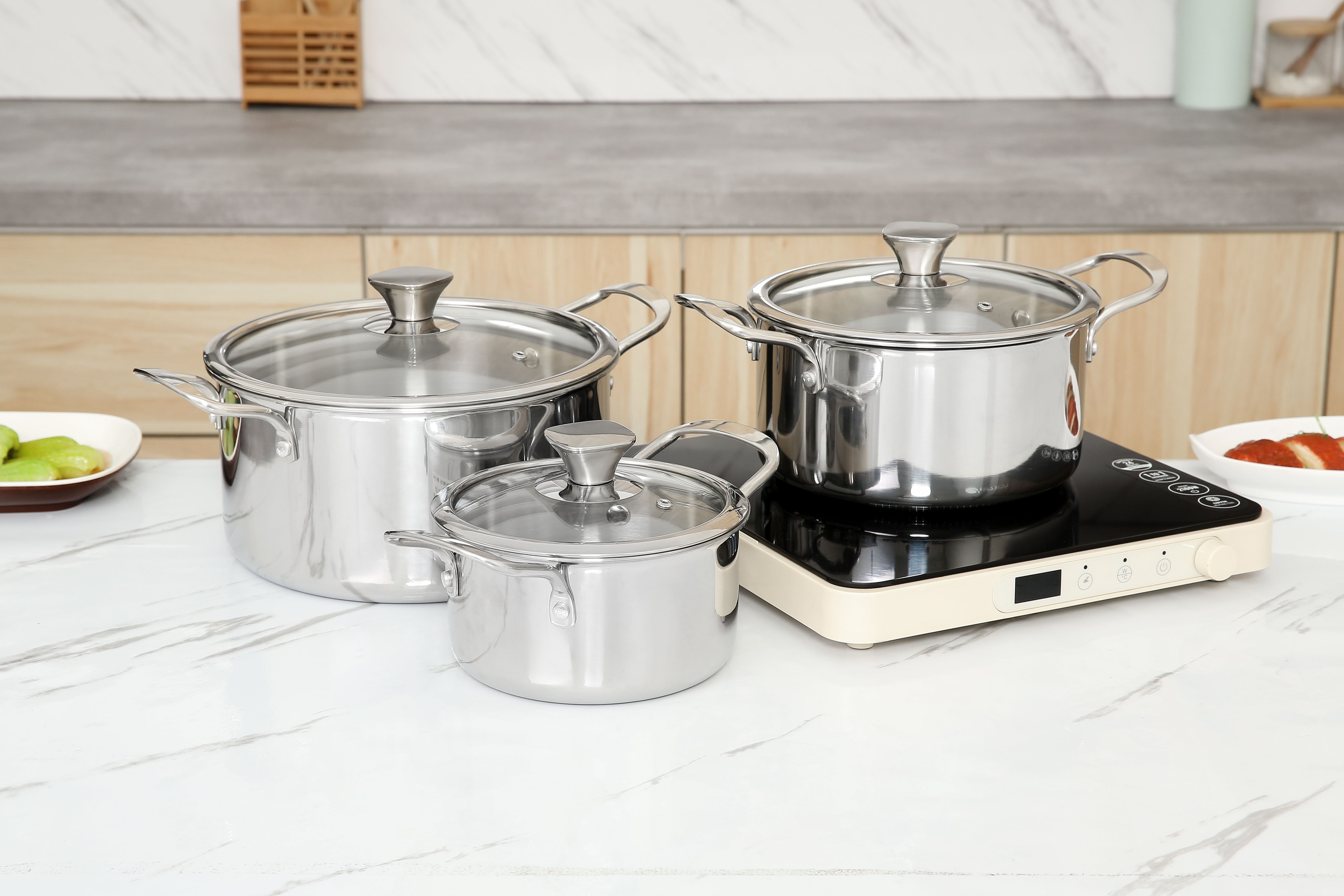 Bộ 3 nồi inox 3 lớp nguyên khối nắp kính AVA HH-001S Màu Inox