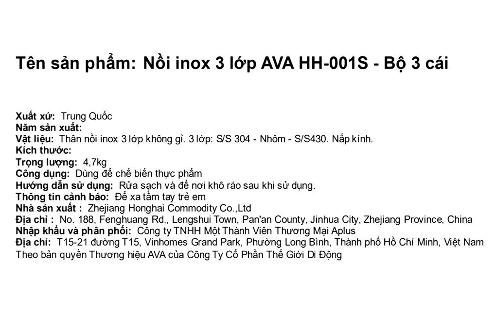Bộ 3 nồi inox 3 lớp nguyên khối nắp kính AVA HH-001S Màu Inox