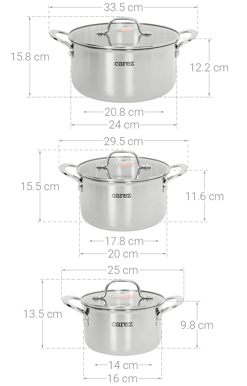 Bộ 3 nồi inox 3 lớp nguyên khối nắp kính Carez CPC871SI-03