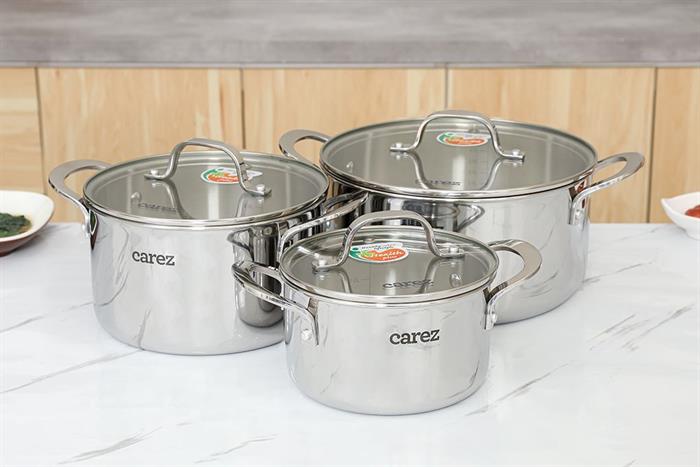 Bộ 3 nồi inox 3 lớp nguyên khối nắp kính Carez CPC871SI-03 Màu Inox