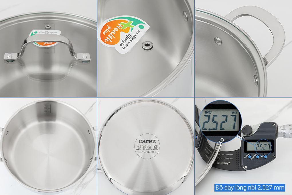 Bộ 3 nồi inox 3 lớp nguyên khối nắp kính Carez CPC871SI-03 Màu Inox