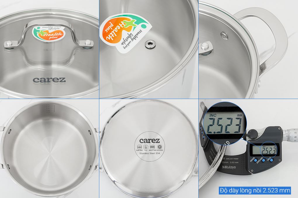 Bộ 3 nồi inox 3 lớp nguyên khối nắp kính Carez CPC871SI-03 Màu Inox