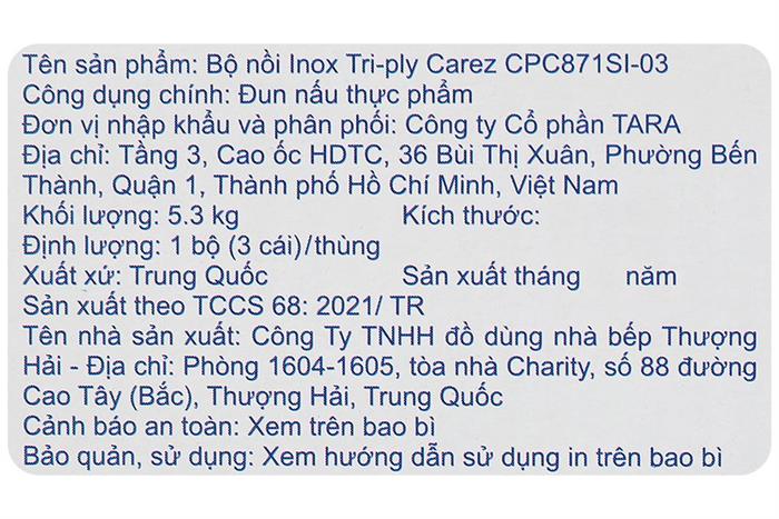 Bộ 3 nồi inox 3 lớp nguyên khối nắp kính Carez CPC871SI-03 Màu Inox