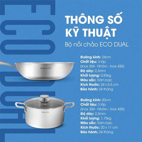 Bộ nồi chảo inox nắp kính Kalite Eco Dual Màu Inox