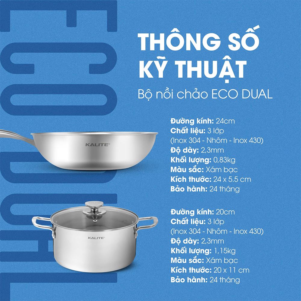 Bộ nồi chảo inox nắp kính Kalite Eco Dual Màu Inox