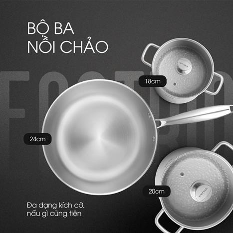 Bộ nồi chảo inox nắp kính Kalite Eco Trio Màu Inox