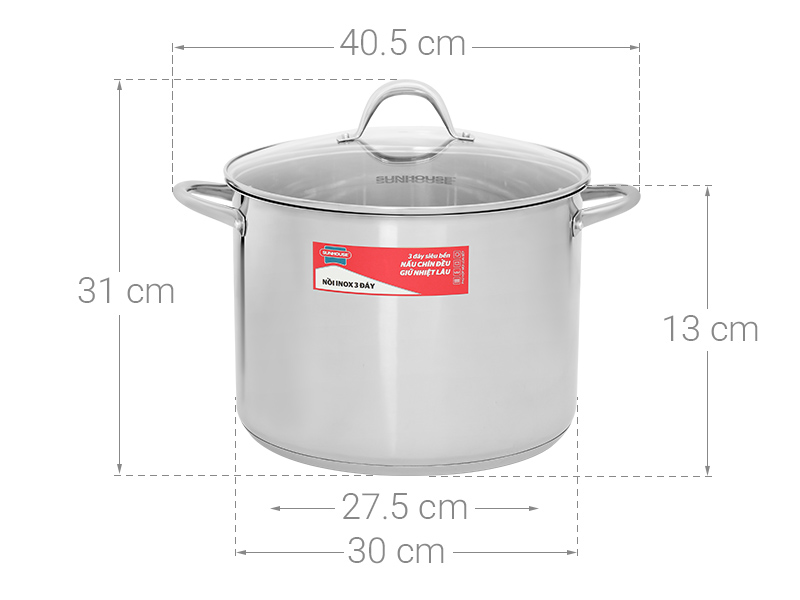 Nồi Inox 3 đáy nắp kính 30 cm Sunhouse SHG301-30