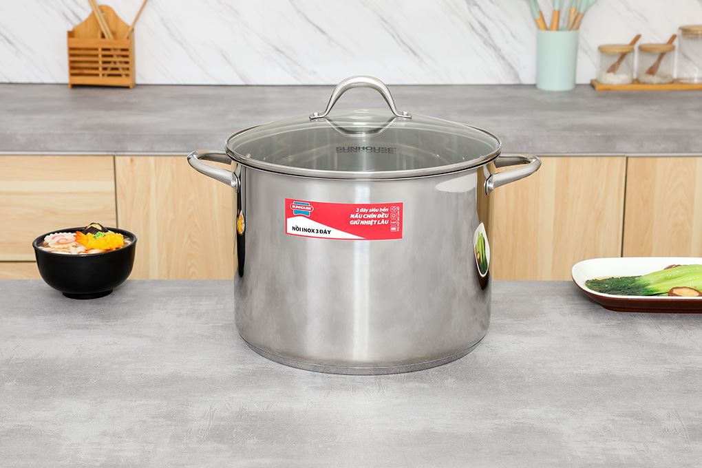 Nồi Inox 3 đáy nắp kính 30 cm Sunhouse SHG301-30 Màu Inox