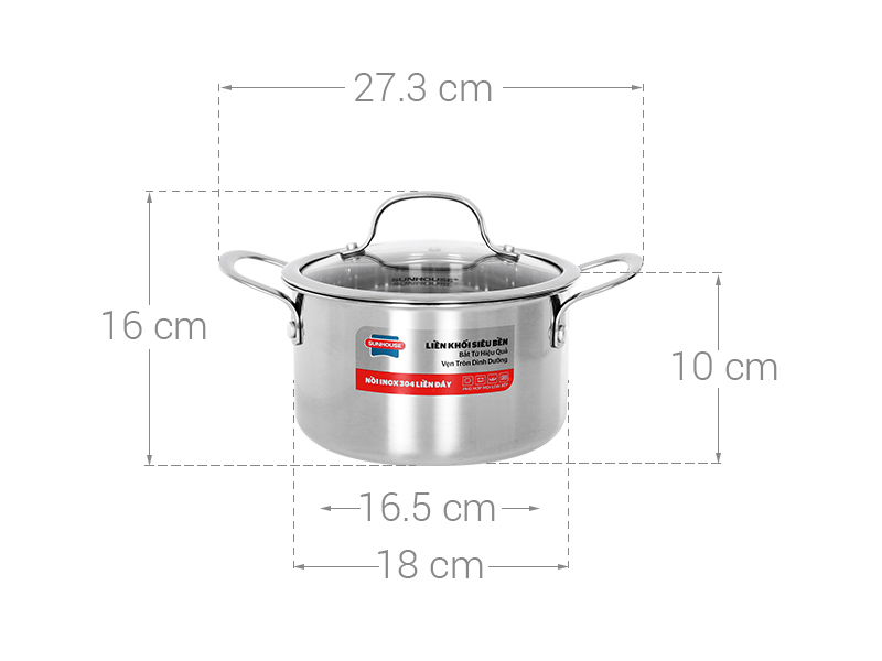 Nồi Inox 3 lớp nguyên khối nắp kính 18 cm Sunhouse SHG706-18