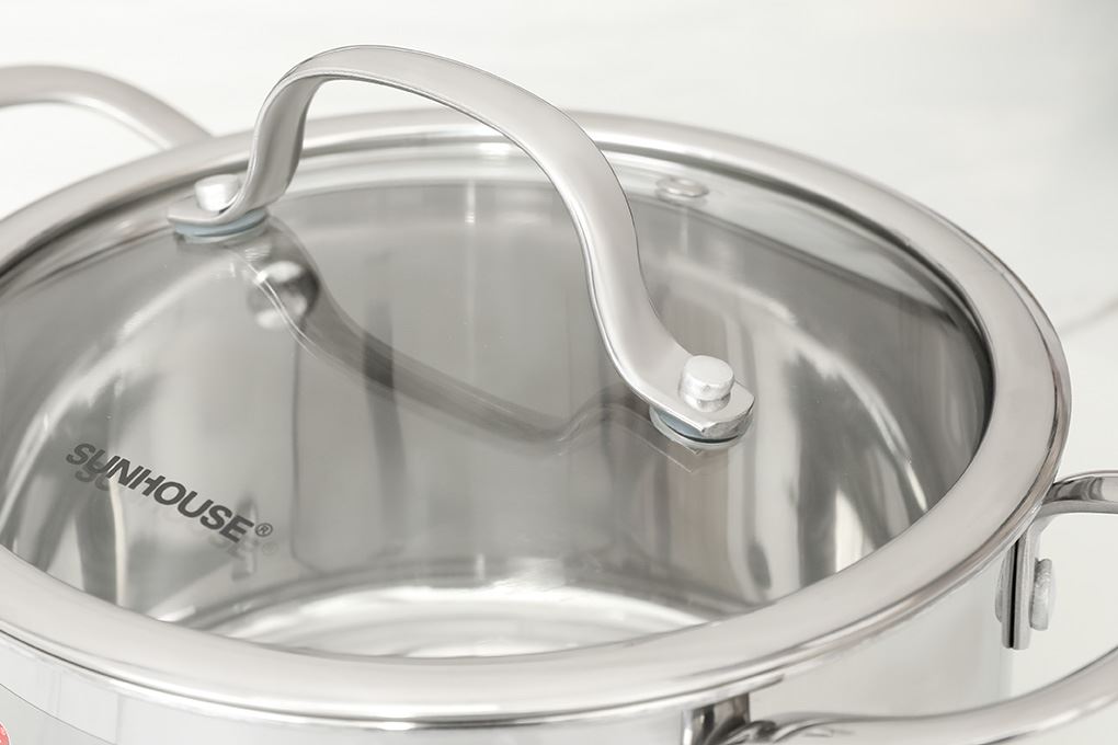 Nồi Inox 3 lớp nguyên khối nắp kính 18 cm Sunhouse SHG706-18 Màu Inox