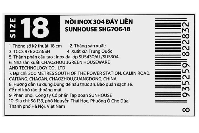Nồi Inox 3 lớp nguyên khối nắp kính 18 cm Sunhouse SHG706-18 Màu Inox
