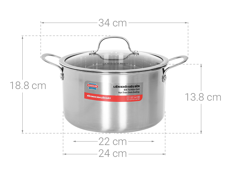 Nồi Inox 3 lớp nguyên khối nắp kính 24 cm Sunhouse SHG706-24