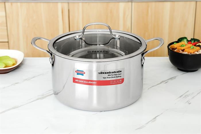 Nồi Inox 3 lớp nguyên khối nắp kính 24 cm Sunhouse SHG706-24 Màu Inox