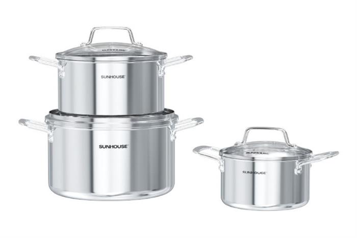 Bộ 3 nồi Inox 3 lớp nguyên khối nắp kính Sunhouse Healthy SHG709