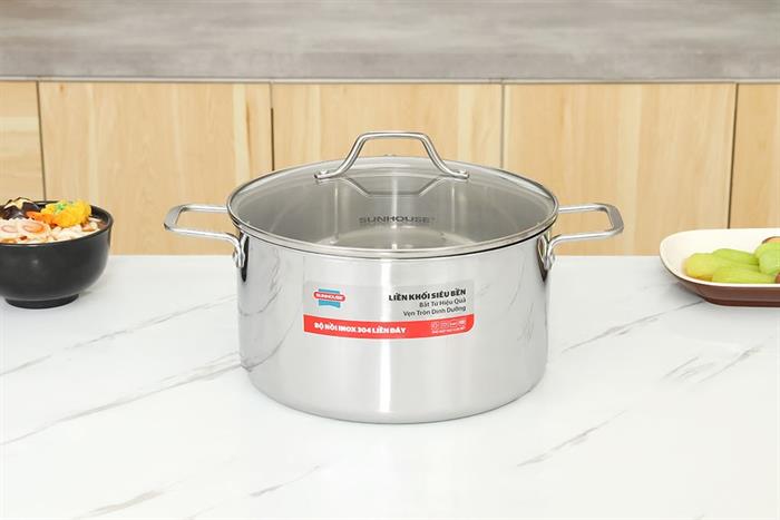 Bộ 3 nồi Inox 3 lớp nguyên khối nắp kính Sunhouse Healthy SHG709