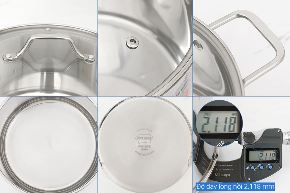 Bộ 3 nồi Inox 3 lớp nguyên khối nắp kính Sunhouse Healthy SHG709 - 3