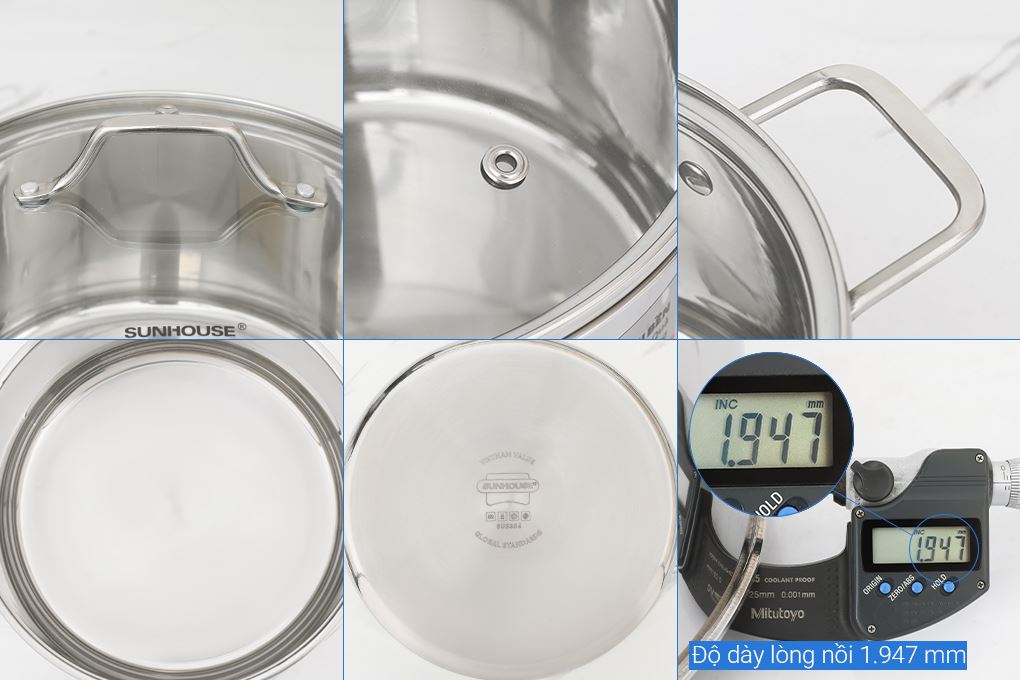 Bộ 3 nồi Inox 3 lớp nguyên khối nắp kính Sunhouse Healthy SHG709 - 5
