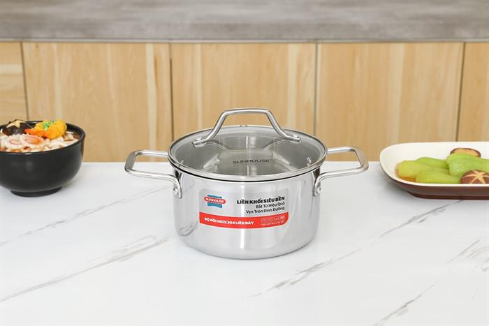 Bộ 3 nồi Inox 3 lớp nguyên khối nắp kính Sunhouse Healthy SHG709