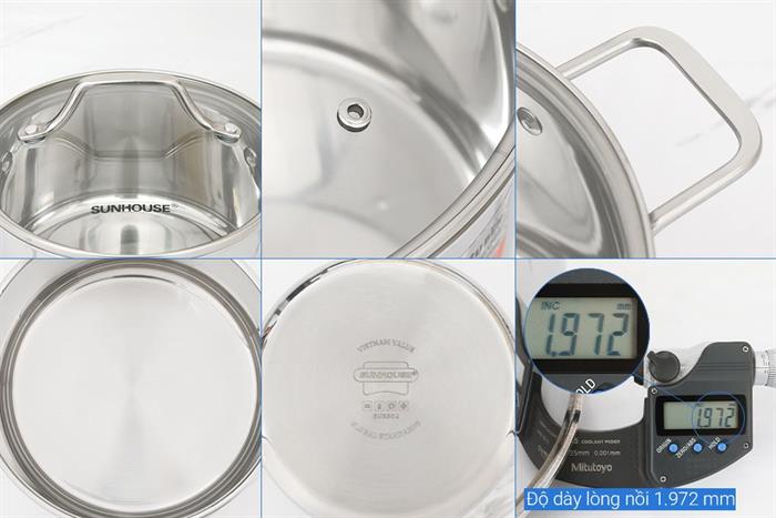 Bộ 3 nồi Inox 3 lớp nguyên khối nắp kính Sunhouse Healthy SHG709