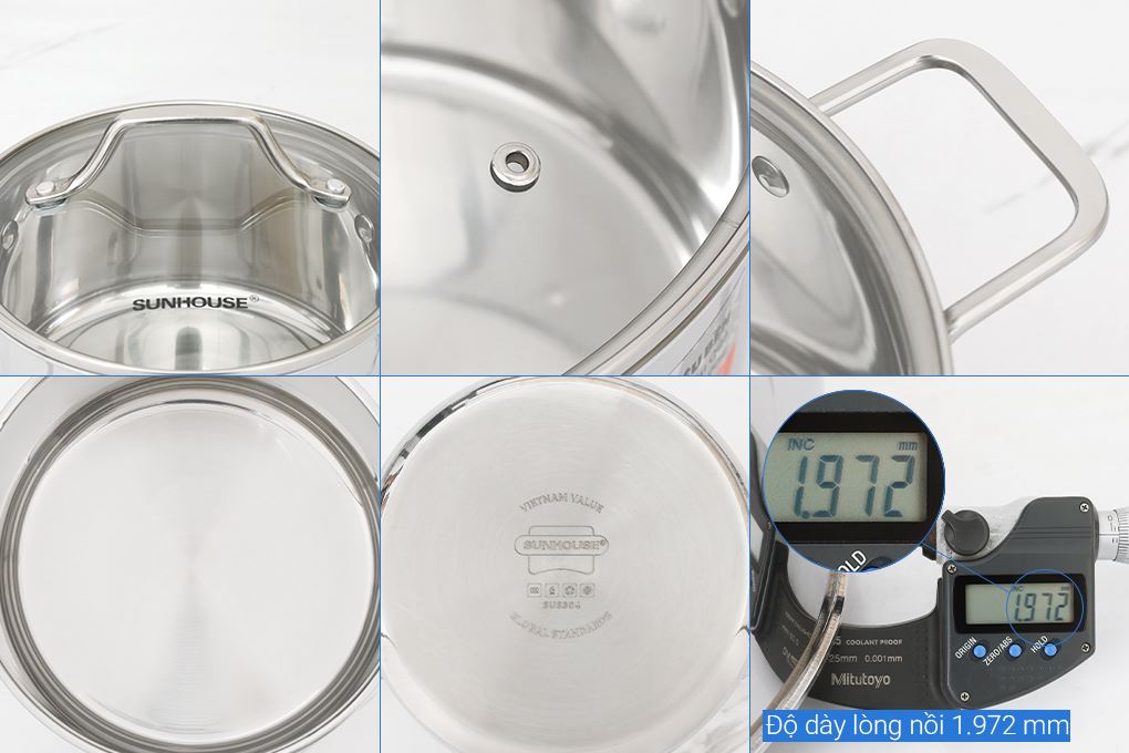 Bộ 3 nồi Inox 3 lớp nguyên khối nắp kính Sunhouse Healthy SHG709 - 7