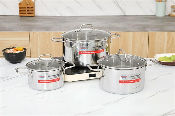 Bộ 3 nồi Inox 3 lớp nguyên khối nắp kính Sunhouse Healthy SHG709