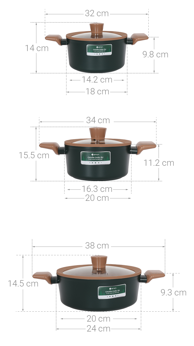 Bộ 3 nồi nhôm chống dính nắp kính Elmich Harmony EL5246PT01