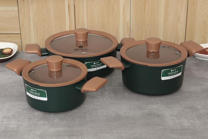 Bộ 3 nồi nhôm chống dính nắp kính Elmich Harmony EL5246PT01 Màu Xanh lá đậm