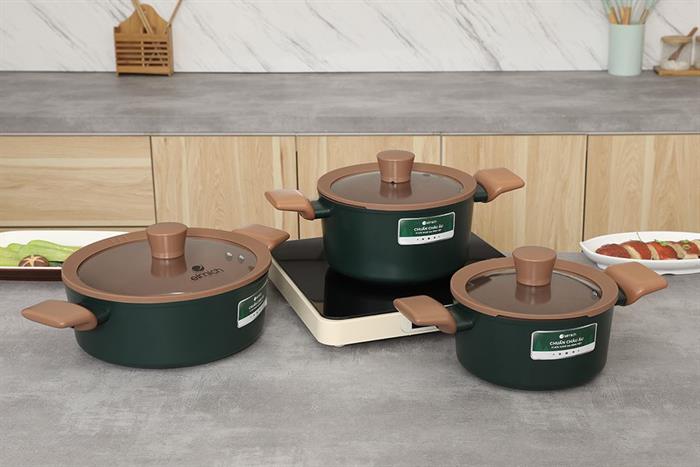 Bộ 3 nồi nhôm chống dính nắp kính Elmich Harmony EL5246PT01 Màu Xanh lá đậm