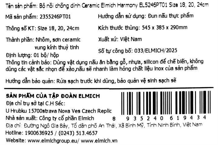 Bộ 3 nồi nhôm chống dính nắp kính Elmich Harmony EL5246PT01 Màu Xanh lá đậm