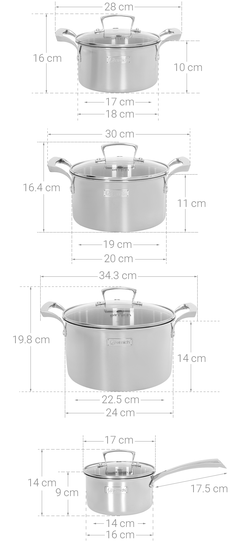 Bộ 4 nồi quánh inox 3 lớp nguyên khối nắp kính Elmich Premium EL3100
