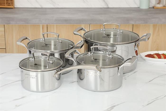 Bộ 4 nồi quánh inox 3 lớp nguyên khối nắp kính Elmich Premium EL3100 Màu Inox