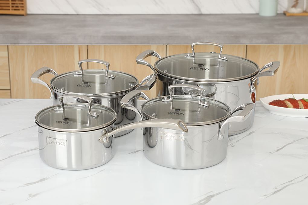 Bộ 4 nồi quánh inox 3 lớp nguyên khối nắp kính Elmich Premium EL3100 Màu Inox