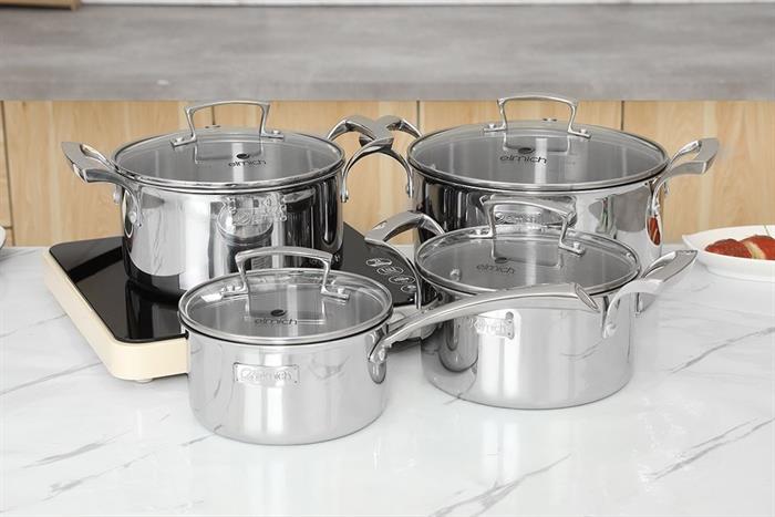 Bộ 4 nồi quánh inox 3 lớp nguyên khối nắp kính Elmich Premium EL3100 Màu Inox