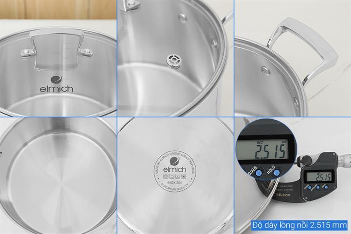 Bộ 4 nồi quánh inox 3 lớp nguyên khối nắp kính Elmich Premium EL3100 Màu Inox