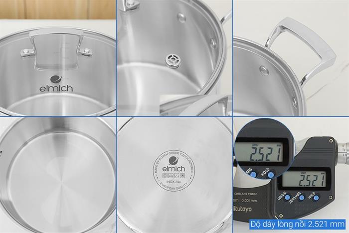 Bộ 4 nồi quánh inox 3 lớp nguyên khối nắp kính Elmich Premium EL3100 Màu Inox
