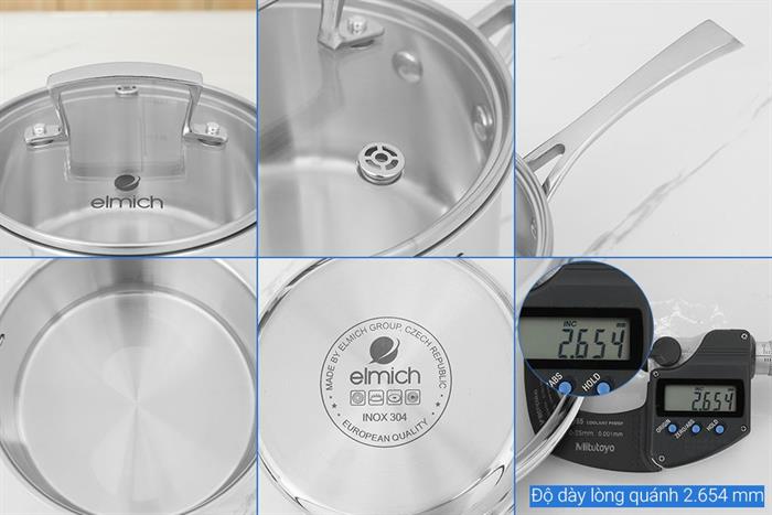 Bộ 4 nồi quánh inox 3 lớp nguyên khối nắp kính Elmich Premium EL3100 Màu Inox