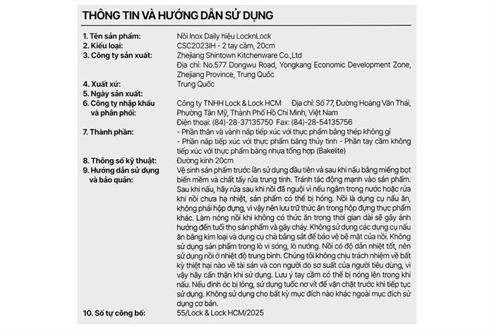 Nồi inox đáy từ nắp kính 20 cm Lock&Lock CSC2023IH Màu Inox